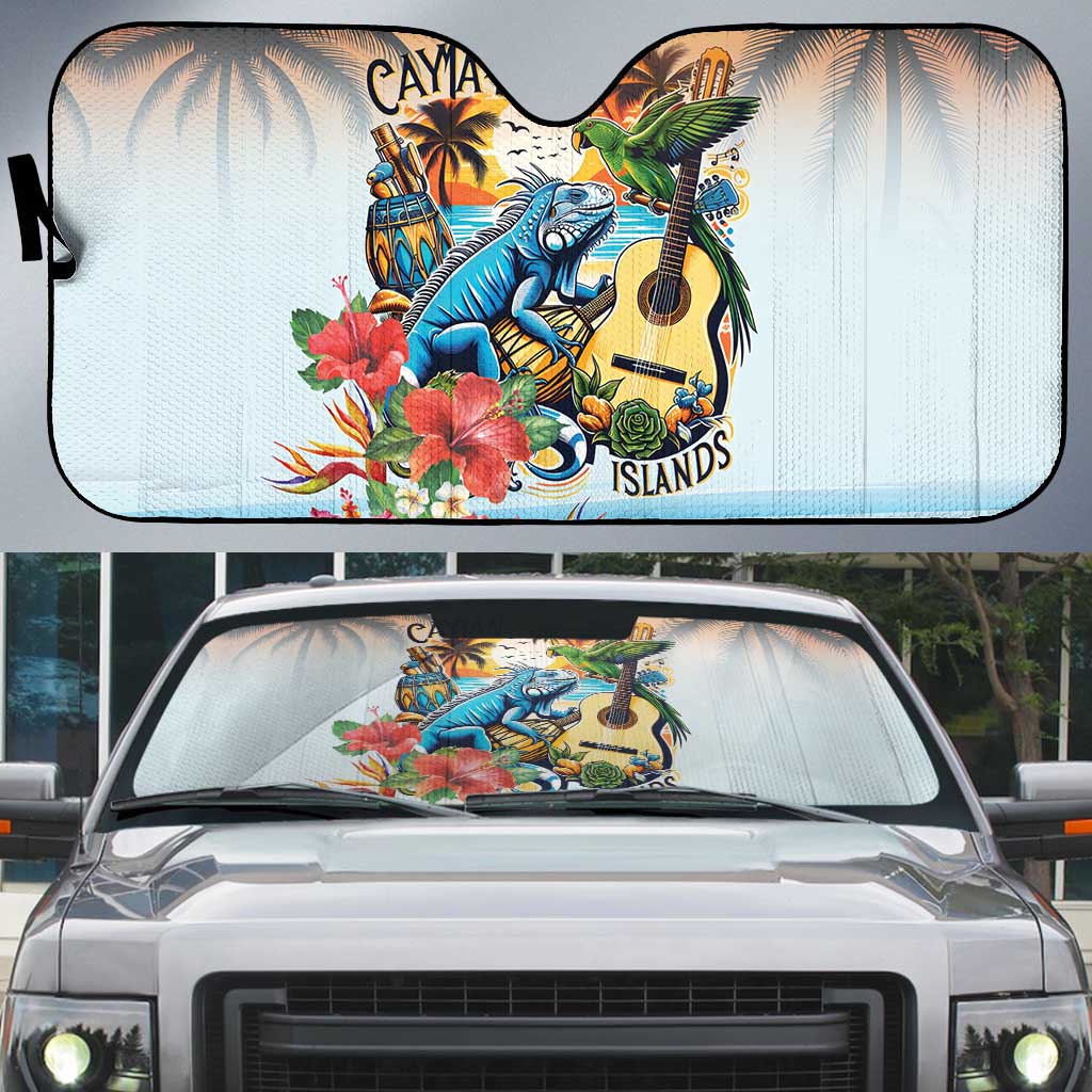 Cayman Islands Auto Sun Shade Iguanas And Parrot Hisbius Flower - Wonder Print Shop