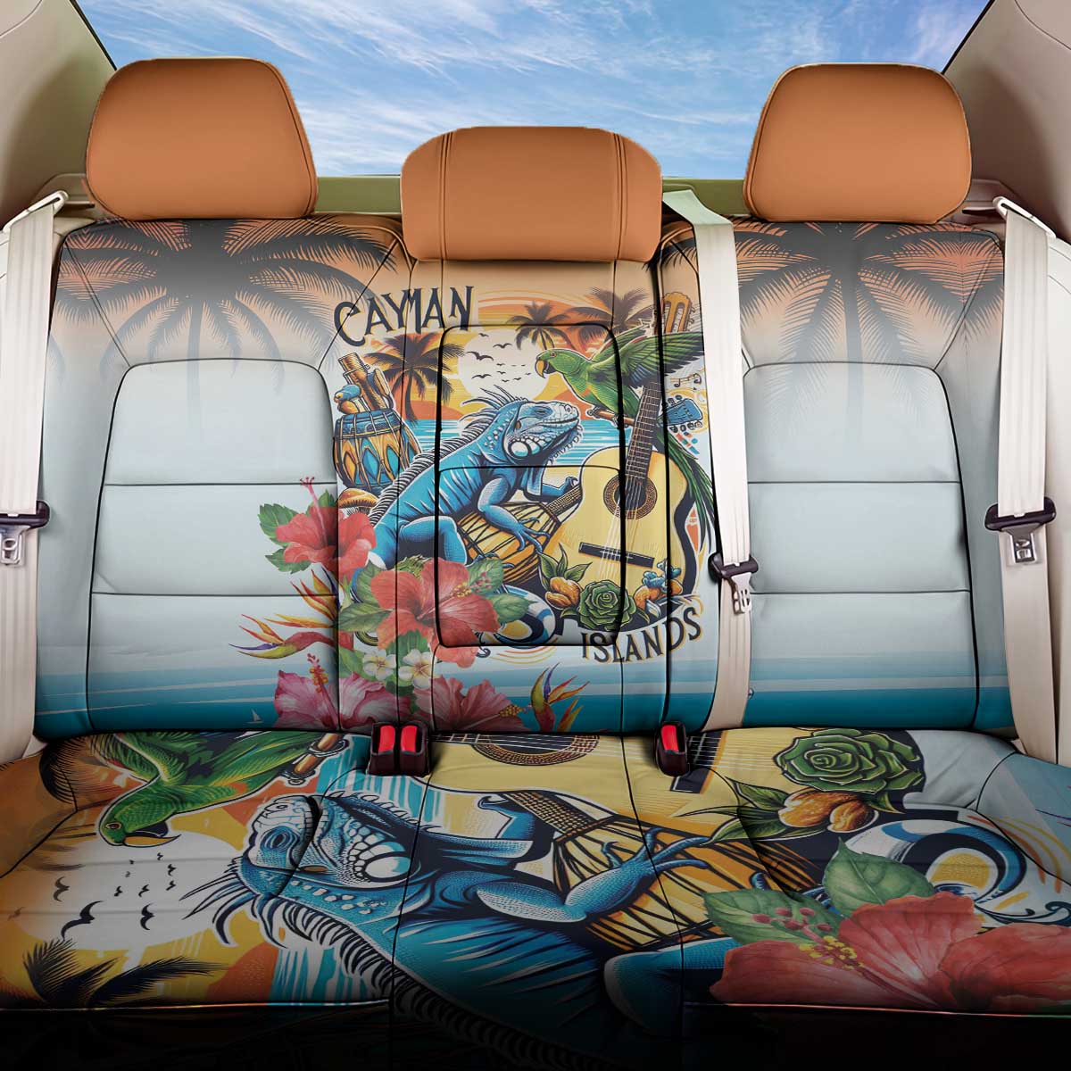 Cayman Islands Back Car Seat Cover Iguanas And Parrot Hisbius Flower - Wonder Print Shop