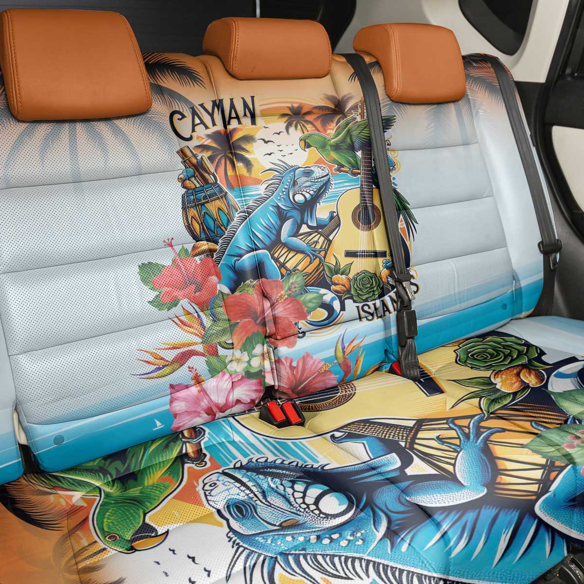Cayman Islands Back Car Seat Cover Iguanas And Parrot Hisbius Flower - Wonder Print Shop