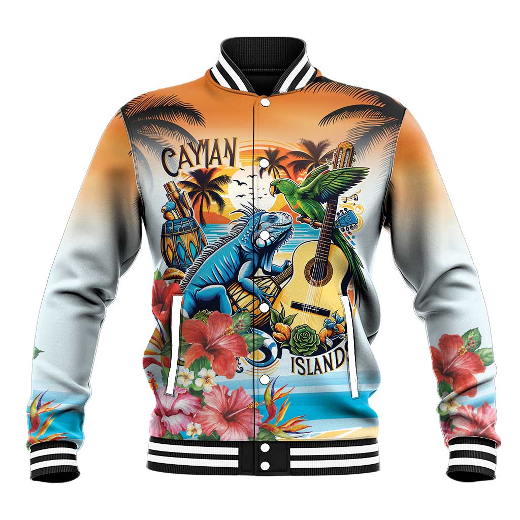 Cayman Islands Baseball Jacket Iguanas And Parrot Hisbius Flower - Wonder Print Shop
