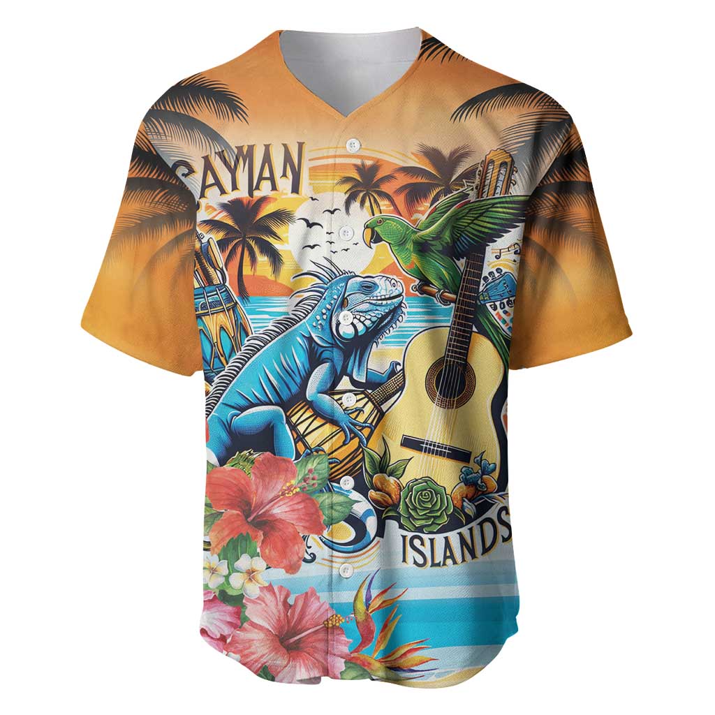 Cayman Islands Baseball Jersey Iguanas And Parrot Hisbius Flower - Wonder Print Shop