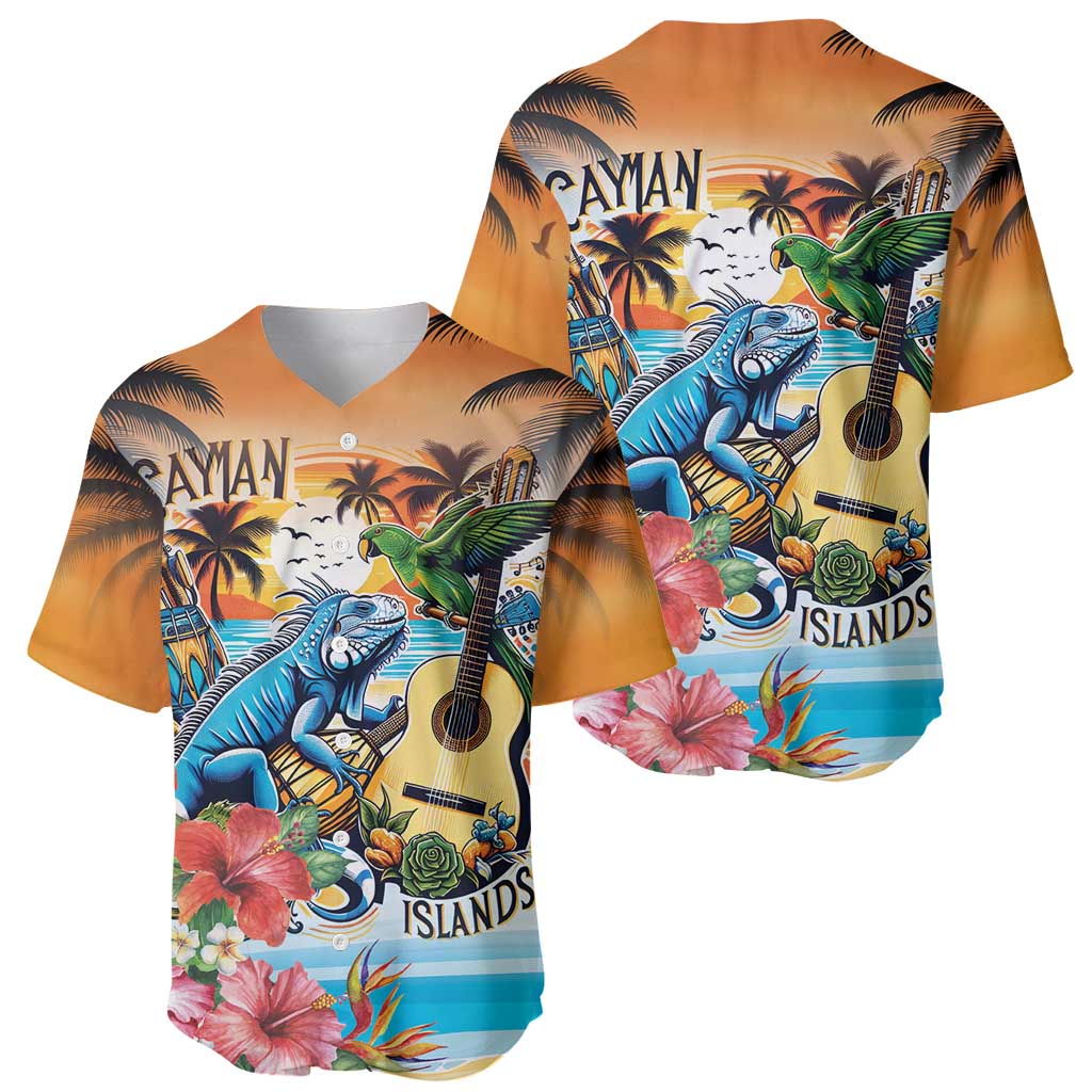 Cayman Islands Baseball Jersey Iguanas And Parrot Hisbius Flower - Wonder Print Shop