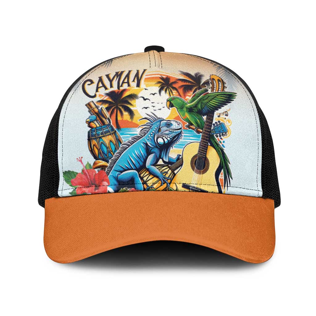 Cayman Islands Baseball Net Cap Iguanas And Parrot Hisbius Flower - Wonder Print Shop