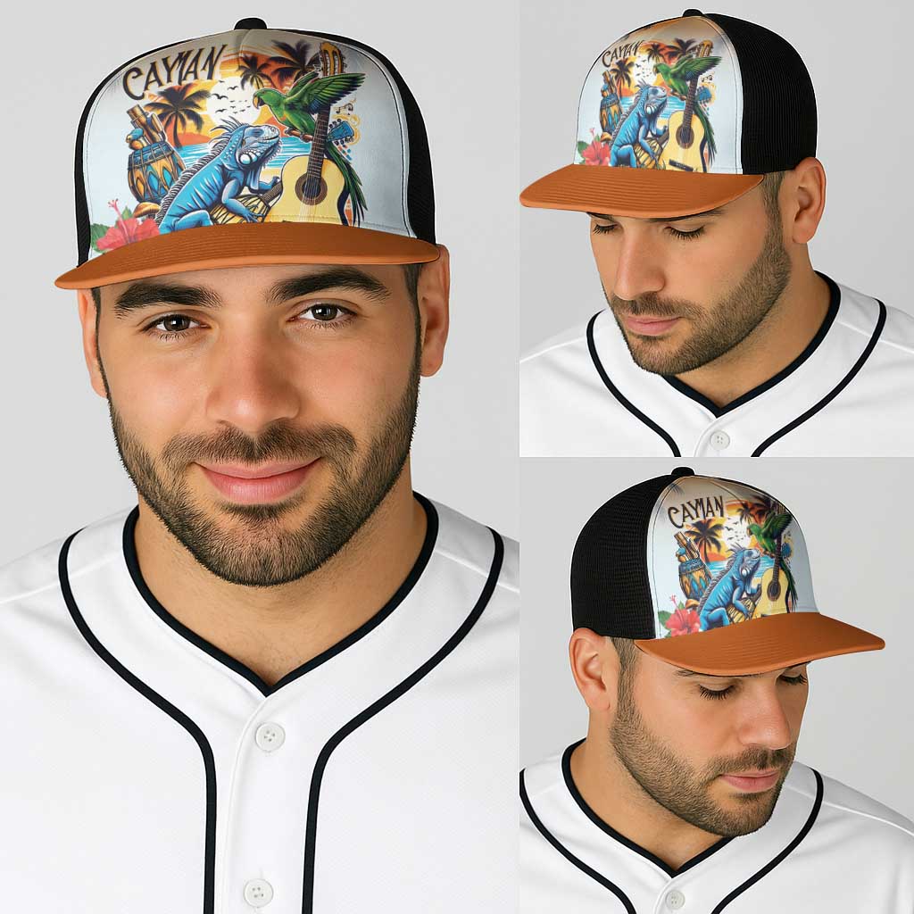 Cayman Islands Baseball Net Cap Iguanas And Parrot Hisbius Flower - Wonder Print Shop