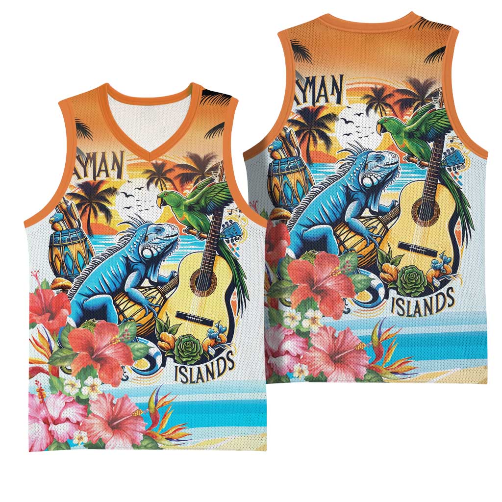 Cayman Islands Basketball Jersey Iguanas And Parrot Hisbius Flower - Wonder Print Shop