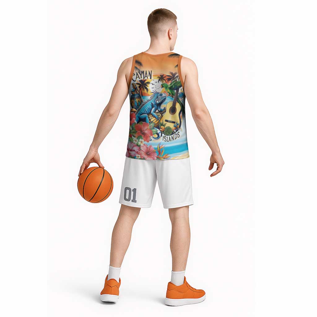 Cayman Islands Basketball Jersey Iguanas And Parrot Hisbius Flower - Wonder Print Shop