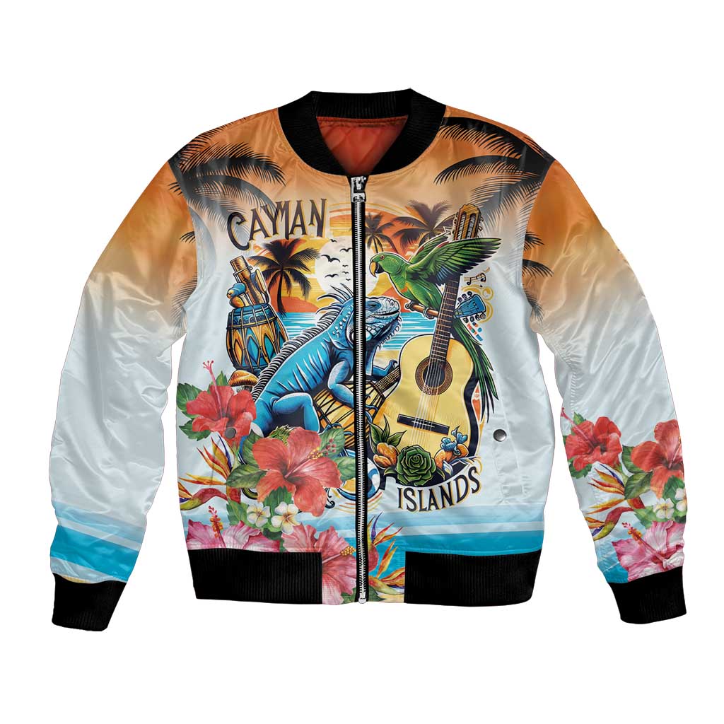 Cayman Islands Bomber Jacket Iguanas And Parrot Hisbius Flower - Wonder Print Shop