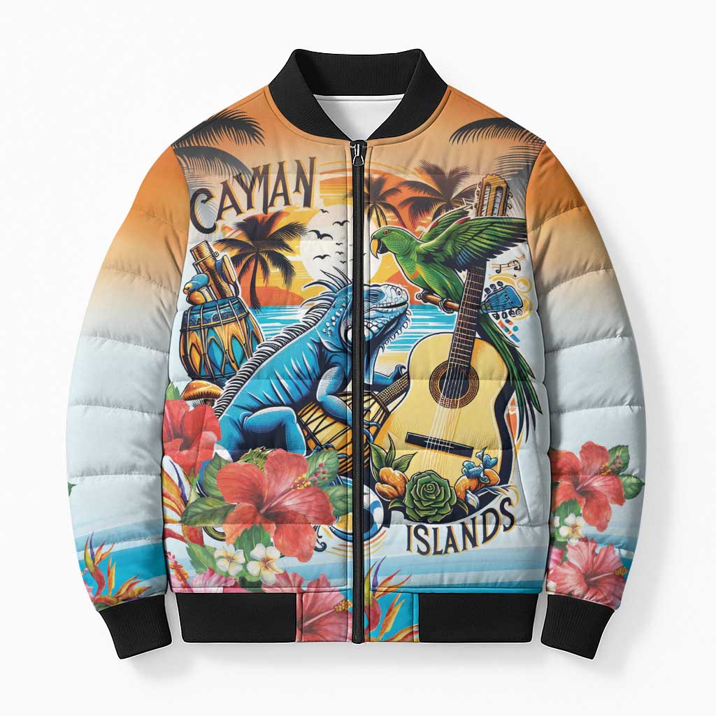 Cayman Islands Bomber Puffer Jacket Iguanas And Parrot Hisbius Flower - Wonder Print Shop