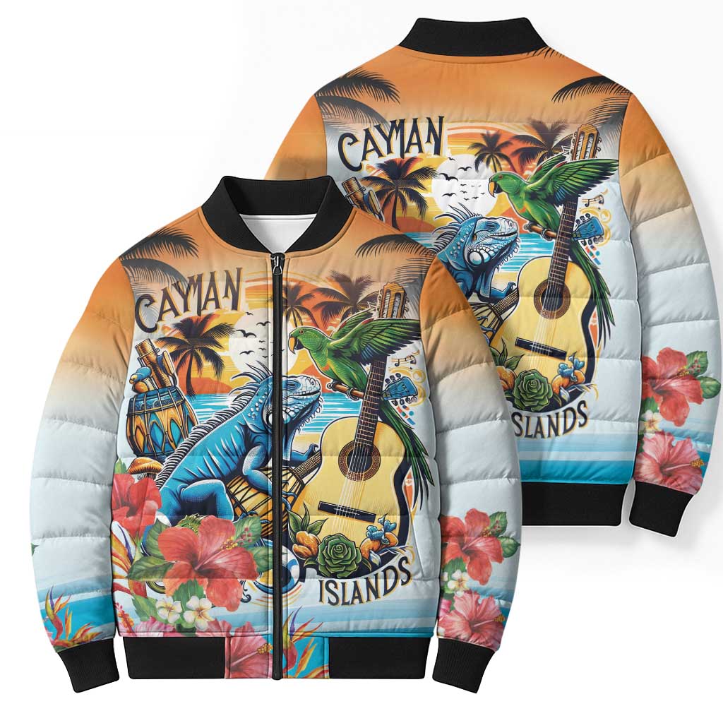 Cayman Islands Bomber Puffer Jacket Iguanas And Parrot Hisbius Flower - Wonder Print Shop