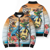 Cayman Islands Bomber Puffer Jacket Iguanas And Parrot Hisbius Flower - Wonder Print Shop