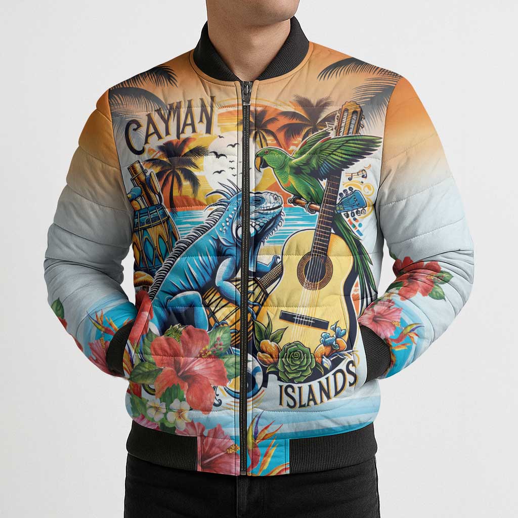 Cayman Islands Bomber Puffer Jacket Iguanas And Parrot Hisbius Flower - Wonder Print Shop