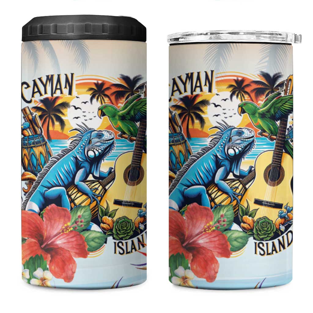 Cayman Islands 4 in 1 Can Cooler Tumbler Iguanas And Parrot Hisbius Flower - Wonder Print Shop