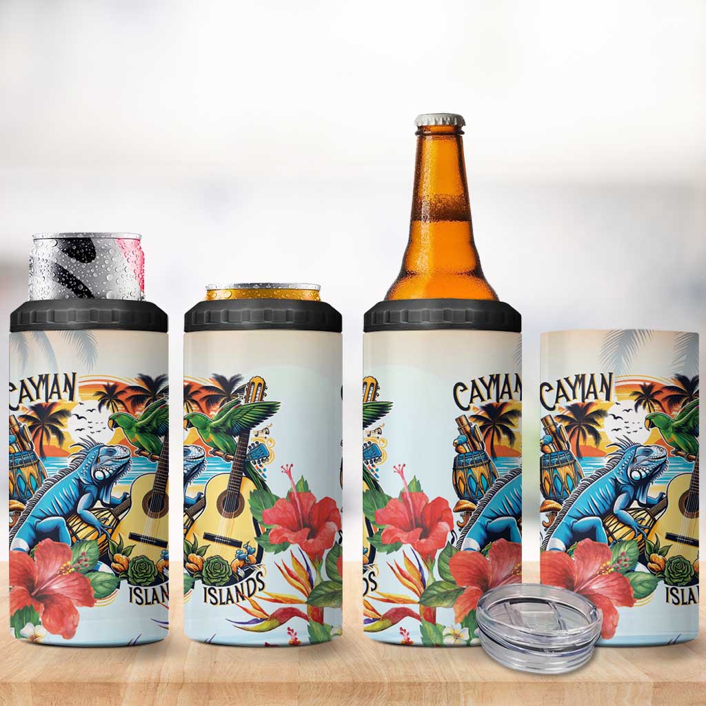 Cayman Islands 4 in 1 Can Cooler Tumbler Iguanas And Parrot Hisbius Flower - Wonder Print Shop