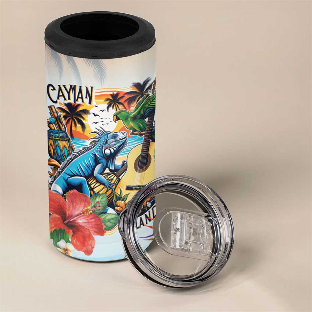Cayman Islands 4 in 1 Can Cooler Tumbler Iguanas And Parrot Hisbius Flower - Wonder Print Shop