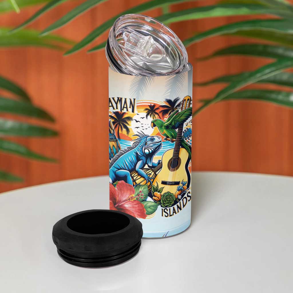 Cayman Islands 4 in 1 Can Cooler Tumbler Iguanas And Parrot Hisbius Flower - Wonder Print Shop