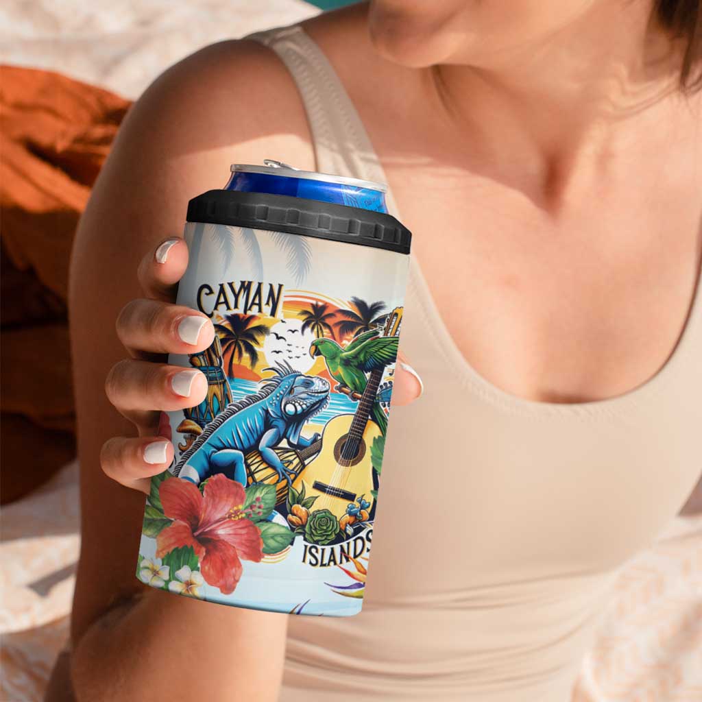 Cayman Islands 4 in 1 Can Cooler Tumbler Iguanas And Parrot Hisbius Flower - Wonder Print Shop