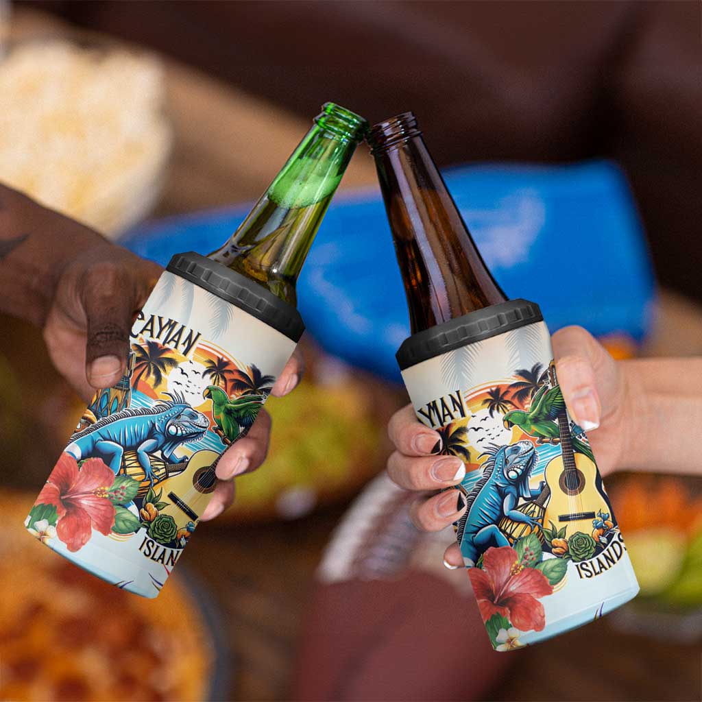 Cayman Islands 4 in 1 Can Cooler Tumbler Iguanas And Parrot Hisbius Flower - Wonder Print Shop