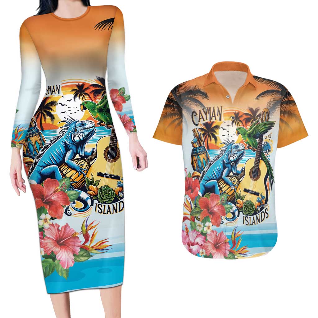 Cayman Islands Couples Matching Long Sleeve Bodycon Dress and Hawaiian Shirt Iguanas And Parrot Hisbius Flower - Wonder Print Shop