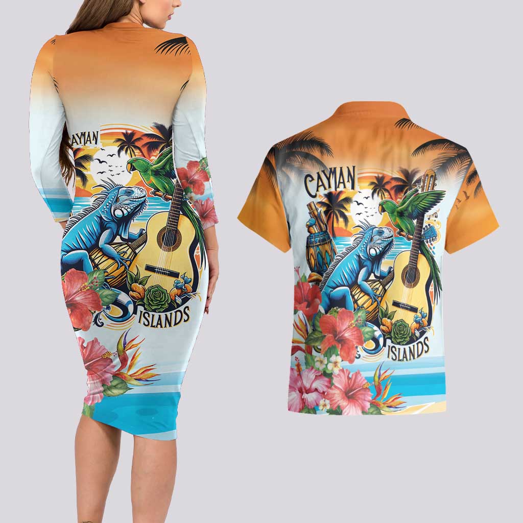 Cayman Islands Couples Matching Long Sleeve Bodycon Dress and Hawaiian Shirt Iguanas And Parrot Hisbius Flower - Wonder Print Shop