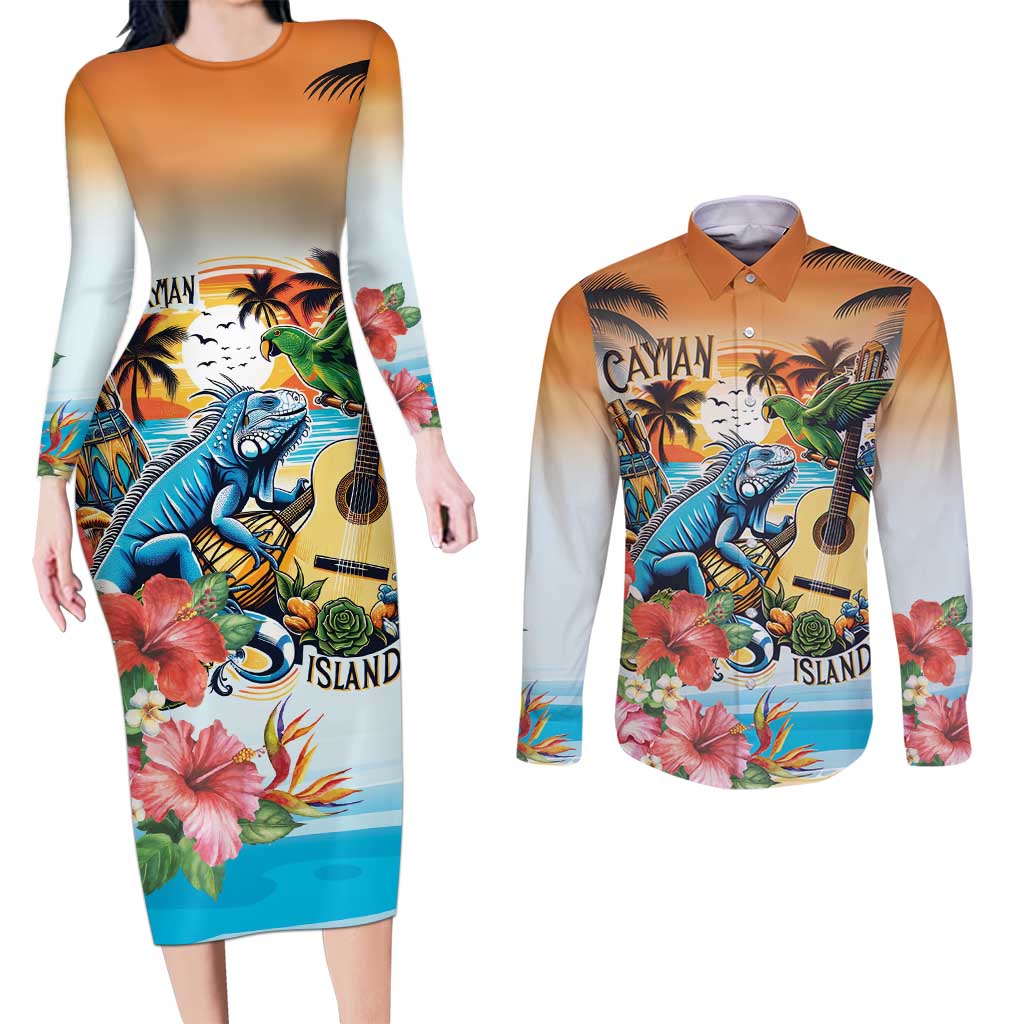 Cayman Islands Couples Matching Long Sleeve Bodycon Dress and Long Sleeve Button Shirt Iguanas And Parrot Hisbius Flower - Wonder Print Shop