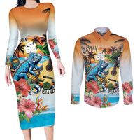 Cayman Islands Couples Matching Long Sleeve Bodycon Dress and Long Sleeve Button Shirt Iguanas And Parrot Hisbius Flower - Wonder Print Shop