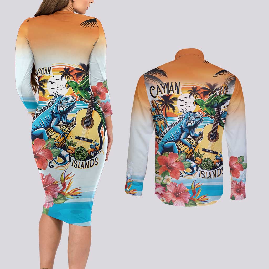Cayman Islands Couples Matching Long Sleeve Bodycon Dress and Long Sleeve Button Shirt Iguanas And Parrot Hisbius Flower - Wonder Print Shop