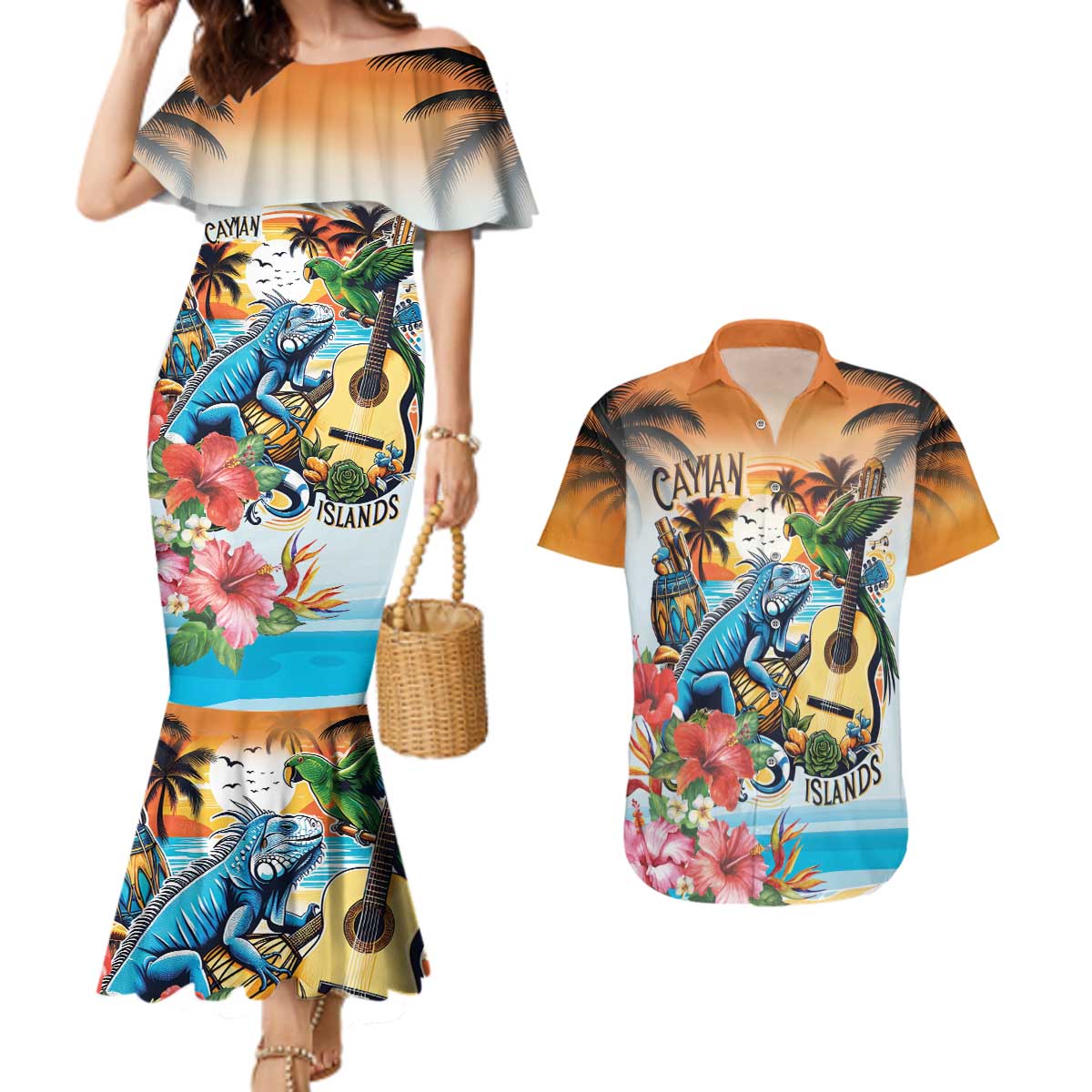 Cayman Islands Couples Matching Mermaid Dress and Hawaiian Shirt Iguanas And Parrot Hisbius Flower - Wonder Print Shop
