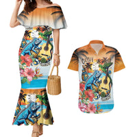 Cayman Islands Couples Matching Mermaid Dress and Hawaiian Shirt Iguanas And Parrot Hisbius Flower - Wonder Print Shop
