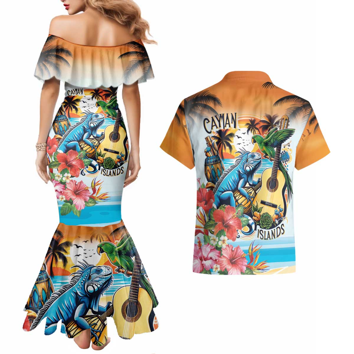 Cayman Islands Couples Matching Mermaid Dress and Hawaiian Shirt Iguanas And Parrot Hisbius Flower - Wonder Print Shop