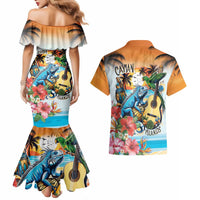 Cayman Islands Couples Matching Mermaid Dress and Hawaiian Shirt Iguanas And Parrot Hisbius Flower - Wonder Print Shop