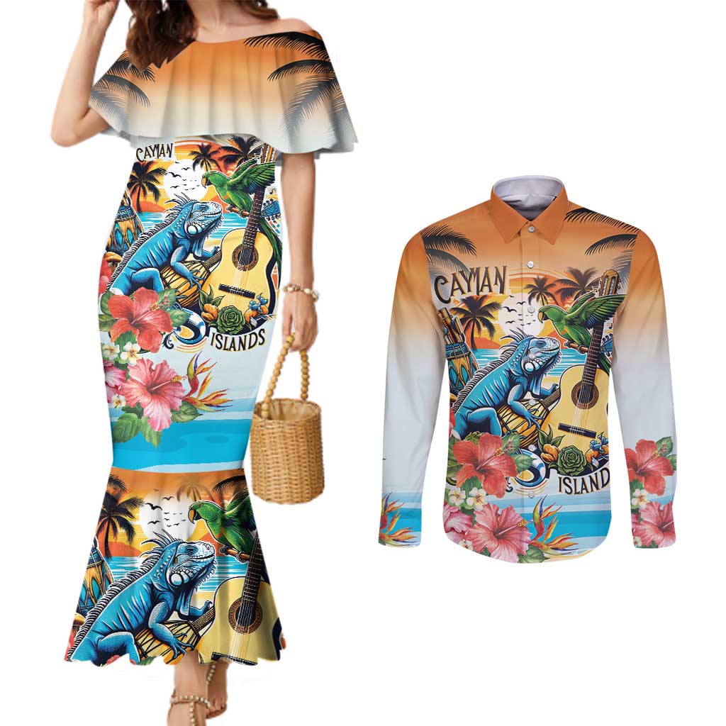 Cayman Islands Couples Matching Mermaid Dress and Long Sleeve Button Shirt Iguanas And Parrot Hisbius Flower - Wonder Print Shop