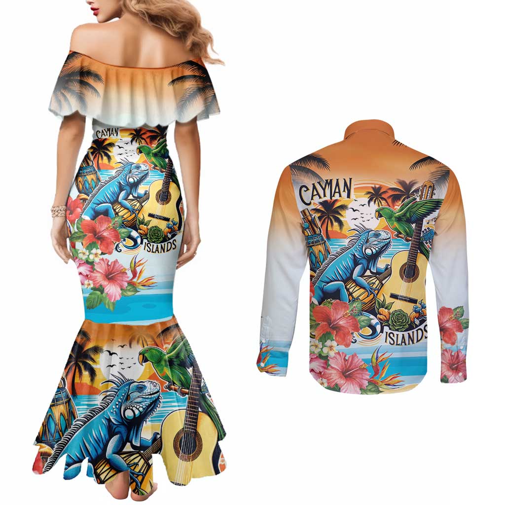 Cayman Islands Couples Matching Mermaid Dress and Long Sleeve Button Shirt Iguanas And Parrot Hisbius Flower - Wonder Print Shop