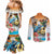 Cayman Islands Couples Matching Mermaid Dress and Long Sleeve Button Shirt Iguanas And Parrot Hisbius Flower - Wonder Print Shop