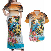 Cayman Islands Couples Matching Off Shoulder Maxi Dress and Hawaiian Shirt Iguanas And Parrot Hisbius Flower - Wonder Print Shop
