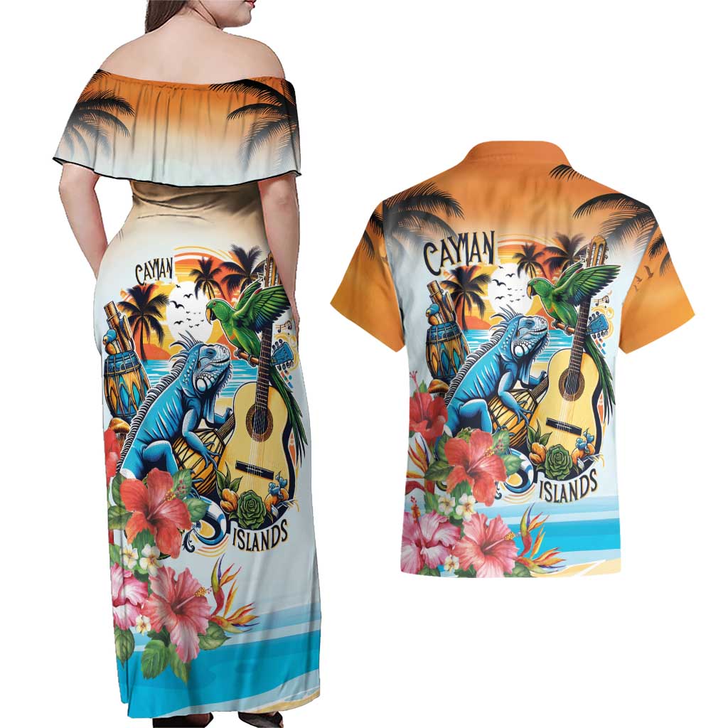 Cayman Islands Couples Matching Off Shoulder Maxi Dress and Hawaiian Shirt Iguanas And Parrot Hisbius Flower - Wonder Print Shop