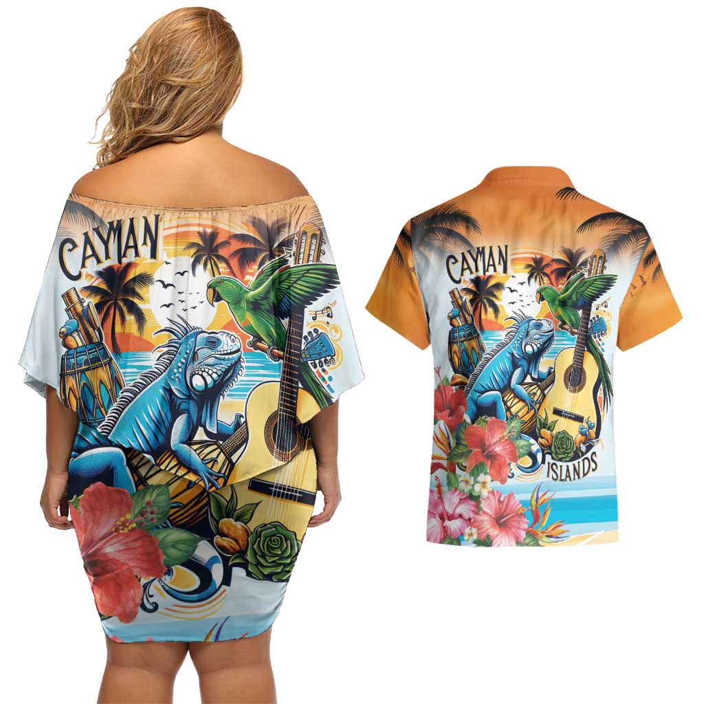 Cayman Islands Couples Matching Off Shoulder Short Dress and Hawaiian Shirt Iguanas And Parrot Hisbius Flower - Wonder Print Shop