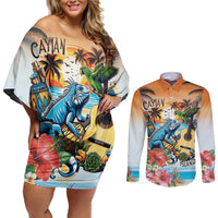 Cayman Islands Couples Matching Off Shoulder Short Dress and Long Sleeve Button Shirt Iguanas And Parrot Hisbius Flower - Wonder Print Shop