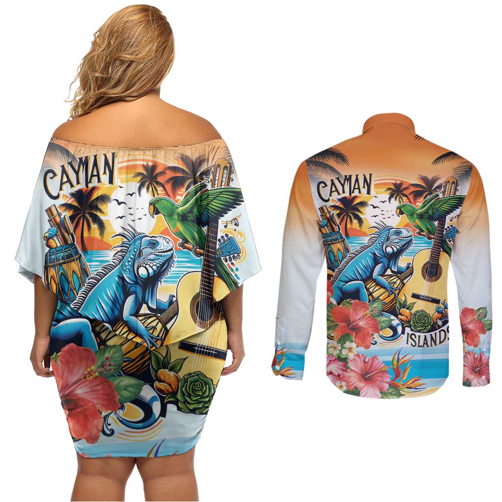 Cayman Islands Couples Matching Off Shoulder Short Dress and Long Sleeve Button Shirt Iguanas And Parrot Hisbius Flower - Wonder Print Shop