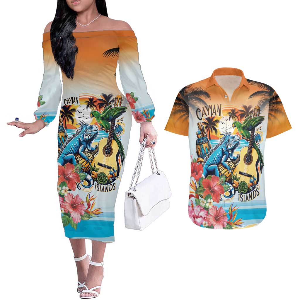 Cayman Islands Couples Matching Off The Shoulder Long Sleeve Dress and Hawaiian Shirt Iguanas And Parrot Hisbius Flower - Wonder Print Shop