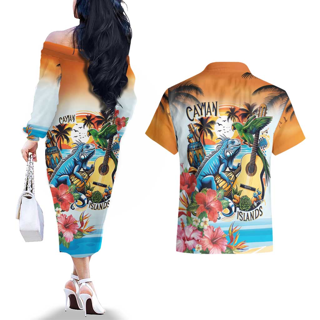 Cayman Islands Couples Matching Off The Shoulder Long Sleeve Dress and Hawaiian Shirt Iguanas And Parrot Hisbius Flower - Wonder Print Shop