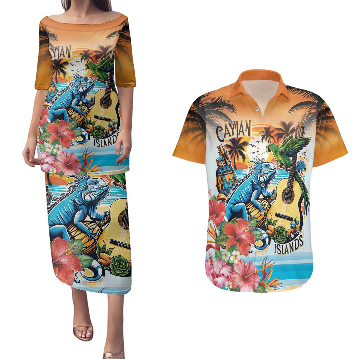 Cayman Islands Couples Matching Puletasi and Hawaiian Shirt Iguanas And Parrot Hisbius Flower - Wonder Print Shop