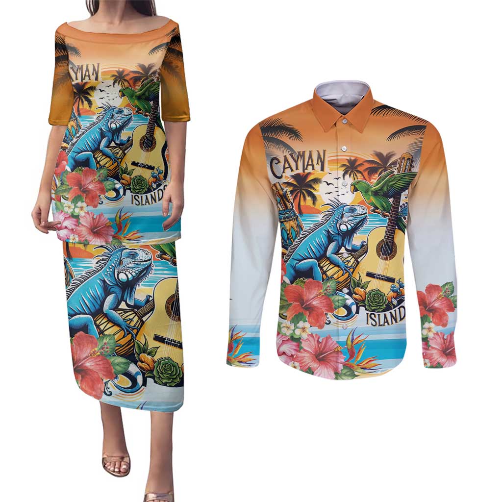 Cayman Islands Couples Matching Puletasi and Long Sleeve Button Shirt Iguanas And Parrot Hisbius Flower - Wonder Print Shop
