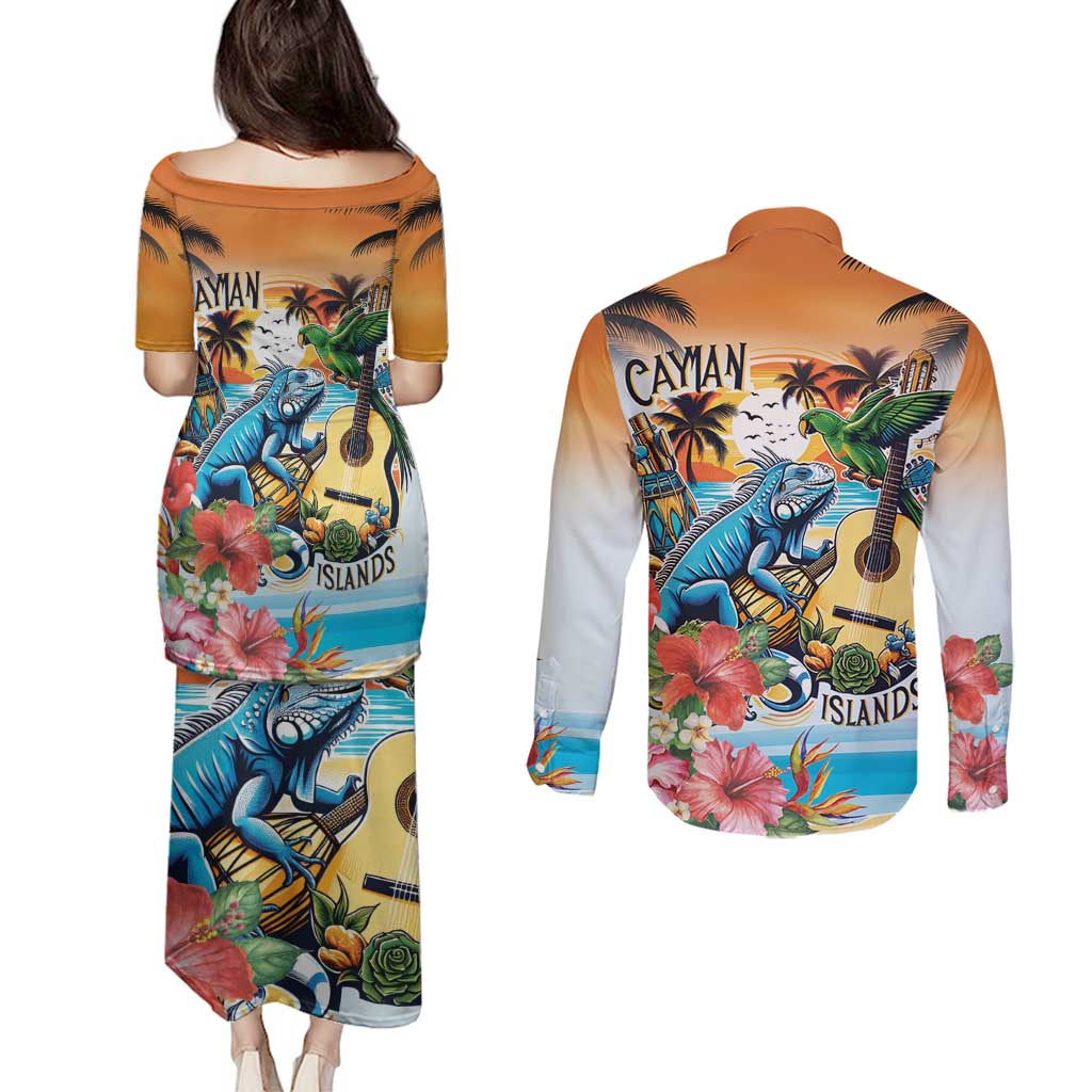 Cayman Islands Couples Matching Puletasi and Long Sleeve Button Shirt Iguanas And Parrot Hisbius Flower - Wonder Print Shop