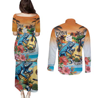 Cayman Islands Couples Matching Puletasi and Long Sleeve Button Shirt Iguanas And Parrot Hisbius Flower - Wonder Print Shop