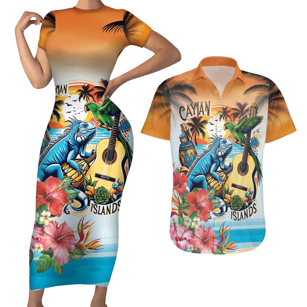 Cayman Islands Couples Matching Short Sleeve Bodycon Dress and Hawaiian Shirt Iguanas And Parrot Hisbius Flower - Wonder Print Shop