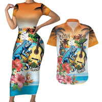 Cayman Islands Couples Matching Short Sleeve Bodycon Dress and Hawaiian Shirt Iguanas And Parrot Hisbius Flower - Wonder Print Shop