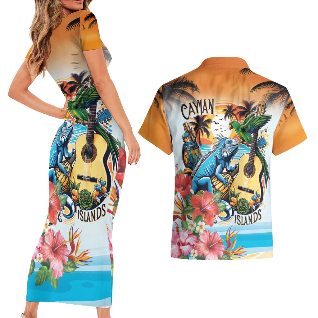 Cayman Islands Couples Matching Short Sleeve Bodycon Dress and Hawaiian Shirt Iguanas And Parrot Hisbius Flower - Wonder Print Shop