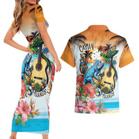 Cayman Islands Couples Matching Short Sleeve Bodycon Dress and Hawaiian Shirt Iguanas And Parrot Hisbius Flower - Wonder Print Shop
