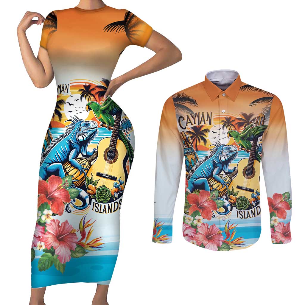 Cayman Islands Couples Matching Short Sleeve Bodycon Dress and Long Sleeve Button Shirt Iguanas And Parrot Hisbius Flower - Wonder Print Shop
