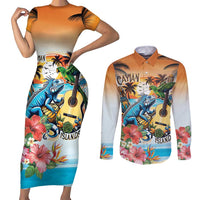 Cayman Islands Couples Matching Short Sleeve Bodycon Dress and Long Sleeve Button Shirt Iguanas And Parrot Hisbius Flower - Wonder Print Shop
